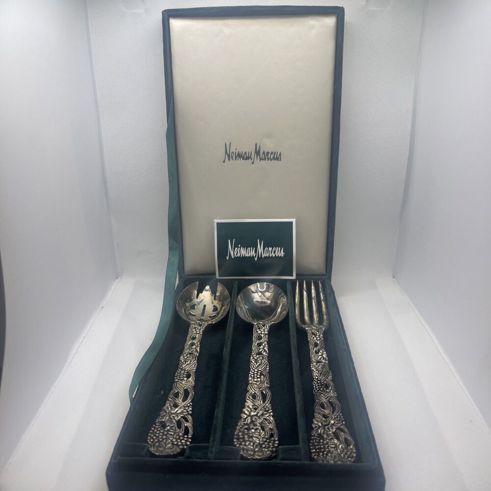 Godinger Neiman Marcus Silver Plate 3-Piece Grapevine Serving Set Spoon Fork